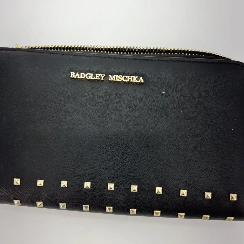 Badgley Mischka Black Soft Vegan Leather Wallet With Gold Studs & Logo, Zipper